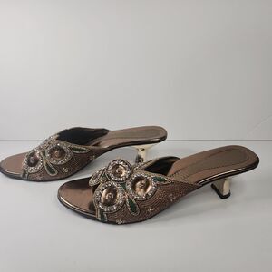 Vintage Metallic Sequin Beaded Slingback Heels Size 6 Artisan Made Kitten Heels